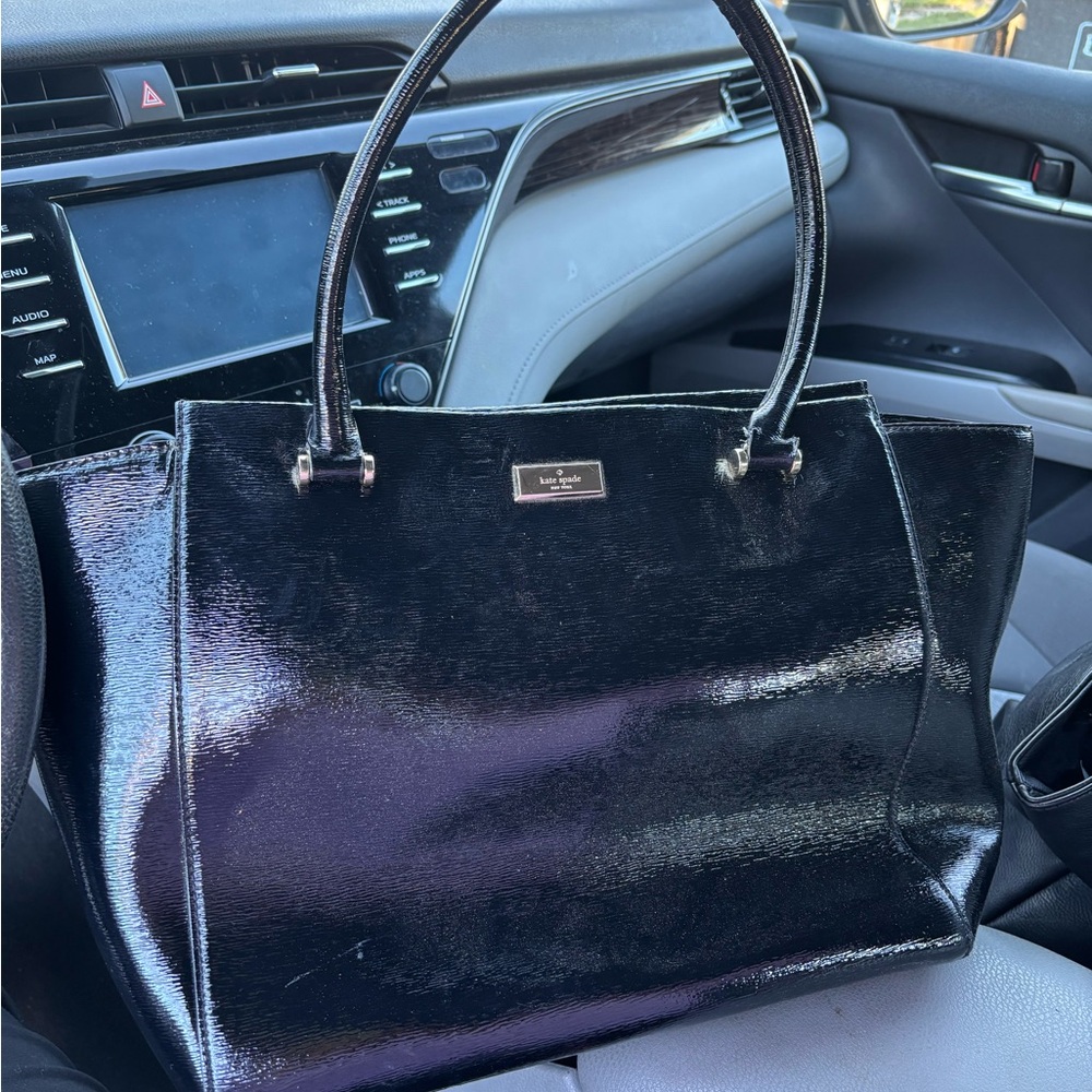 kate spade Black Patent Leather Tote with Gold Plaque